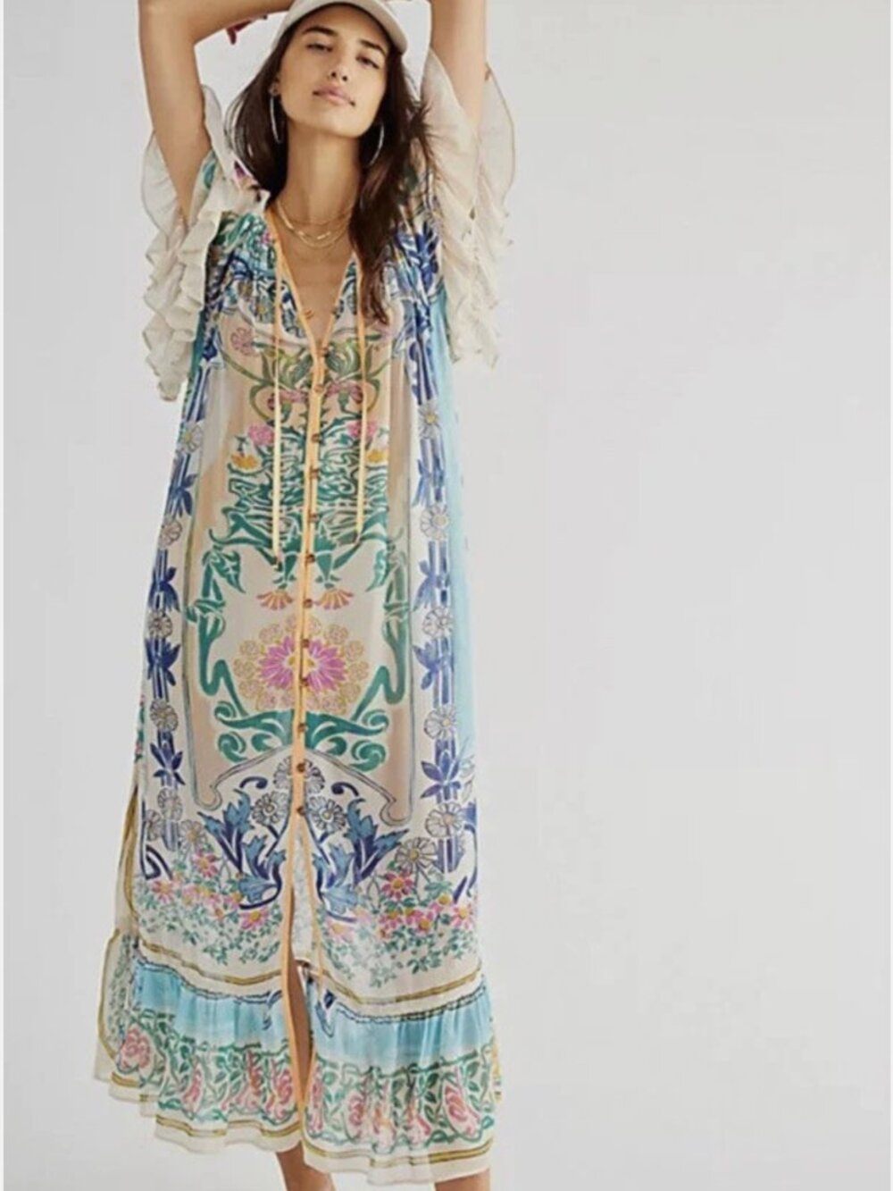 Free People Back To Barcelona Kaftan Maxi Duster Green Small NWOT $350